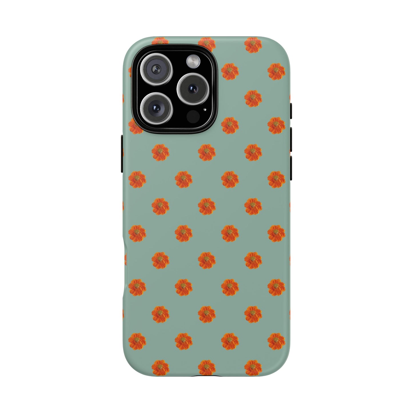 Coque Téléphone Samsung, iPhone & Google Pixel Renforcée Mate – Design Floral Epuré Fleurs de Cosmos Orange sur Fond Vert Eucalyptus | Protection Antichoc | Idée Cadeau Femme