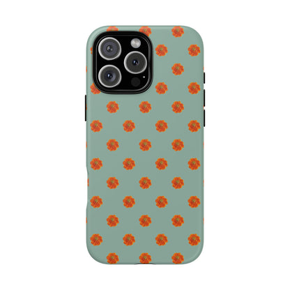 Coque Téléphone Samsung, iPhone & Google Pixel Renforcée Mate – Design Floral Epuré Fleurs de Cosmos Orange sur Fond Vert Eucalyptus | Protection Antichoc | Idée Cadeau Femme