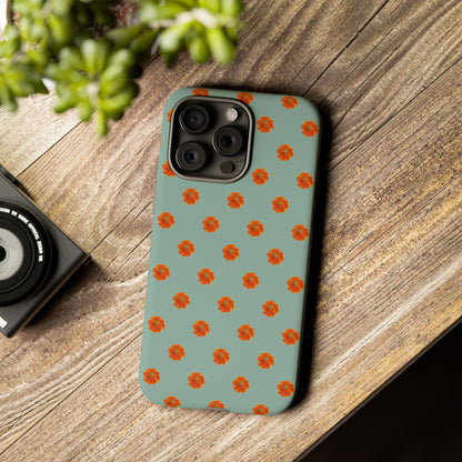 Coque Téléphone Samsung, iPhone & Google Pixel Renforcée Mate – Design Floral Epuré Fleurs de Cosmos Orange sur Fond Vert Eucalyptus | Protection Antichoc | Idée Cadeau Femme