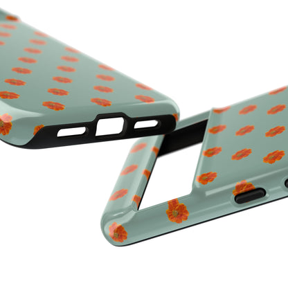 Coque Téléphone Samsung, iPhone & Google Pixel Renforcée Mate – Design Floral Epuré Fleurs de Cosmos Orange sur Fond Vert Eucalyptus | Protection Antichoc | Idée Cadeau Femme