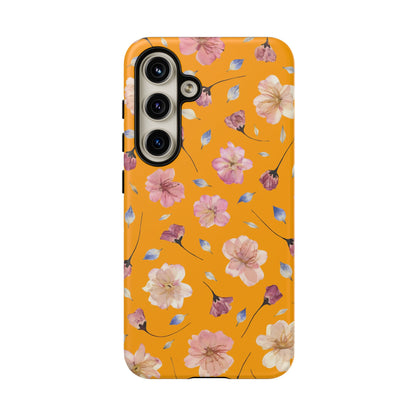 Coque Téléphone Samsung, iPhone & Google Pixel Renforcée Mate – Design Floral Fleurs de Cerisier sur Fond Couleur Curcuma| Protection Antichoc | Idée Cadeau Femme