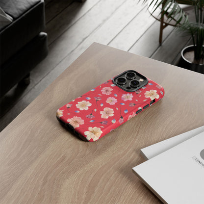 Coque Téléphone Samsung, iPhone & Google Pixel Renforcée Mate – Design Floral Fleurs de Cerisier sur Fond Rouge Féminin | Protection Antichoc | Idée Cadeau Femme