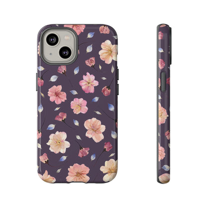 Coque Téléphone Samsung, iPhone & Google Pixel Renforcée Mate – Design Floral Fleurs de Cerisier sur Fond Couleur Prune | Protection Antichoc | Idée Cadeau Femme