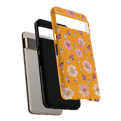Coque Téléphone Samsung, iPhone & Google Pixel Renforcée Mate – Design Floral Fleurs de Cerisier sur Fond Couleur Curcuma| Protection Antichoc | Idée Cadeau Femme