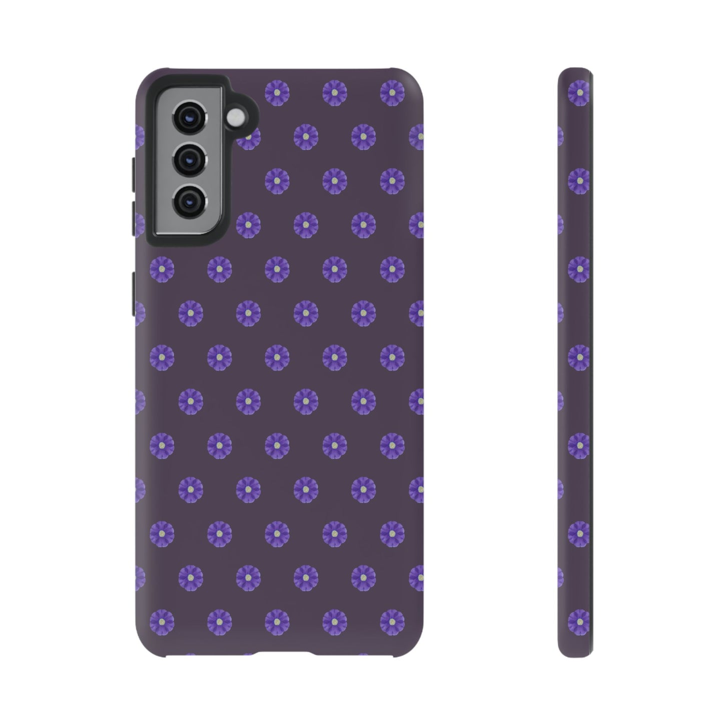 Coque Téléphone Samsung, iPhone & Google Pixel Renforcée Mate – Design Floral Epuré Fleurs de Primevère sur Fond Couleur Prune| Protection Antichoc | Idée Cadeau Femme