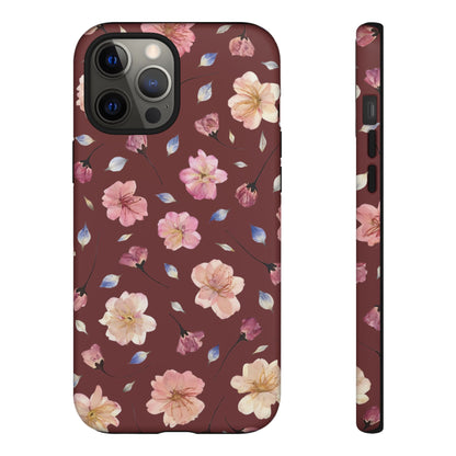 Coque Téléphone Samsung, iPhone & Google Pixel Renforcée Mate – Design Floral Fleurs de Cerisier sur Fond Bordeaux | Protection Antichoc | Idée Cadeau Pour Elle