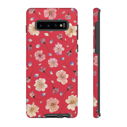 Coque Téléphone Samsung, iPhone & Google Pixel Renforcée Mate – Design Floral Fleurs de Cerisier sur Fond Rouge Féminin | Protection Antichoc | Idée Cadeau Femme