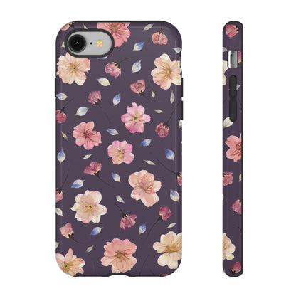 Coque Téléphone Samsung, iPhone & Google Pixel Renforcée Mate – Design Floral Fleurs de Cerisier sur Fond Couleur Prune | Protection Antichoc | Idée Cadeau Femme