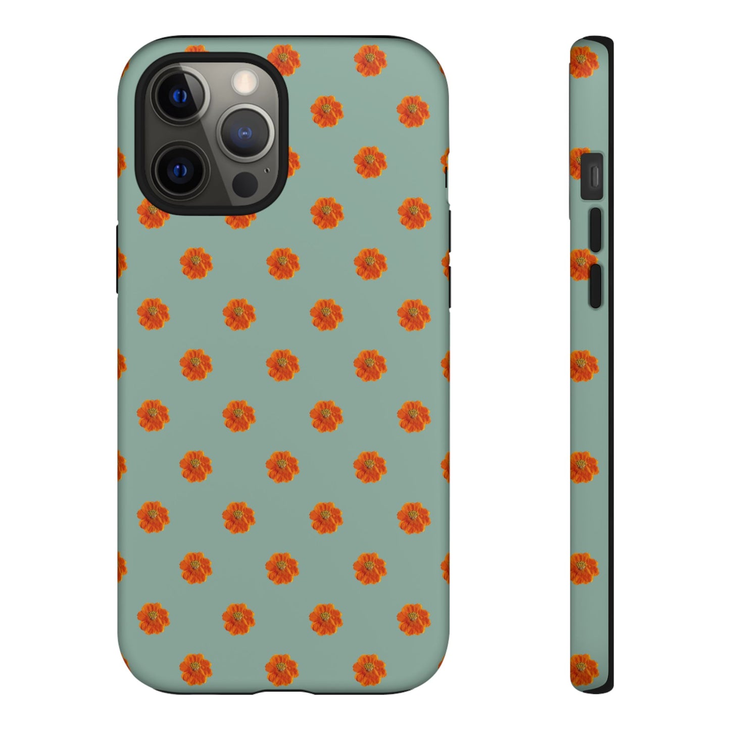 Coque Téléphone Samsung, iPhone & Google Pixel Renforcée Mate – Design Floral Epuré Fleurs de Cosmos Orange sur Fond Vert Eucalyptus | Protection Antichoc | Idée Cadeau Femme