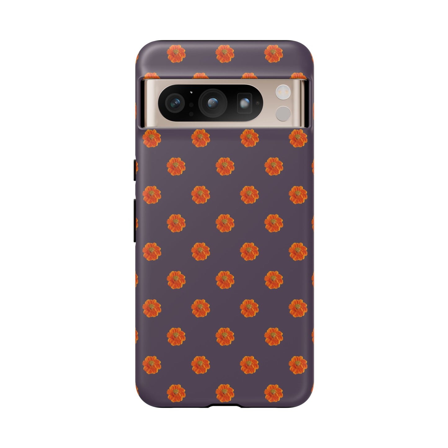Coque Téléphone Samsung, iPhone & Google Pixel Renforcée Mate – Design Floral Epuré Fleurs de Cosmos Orange sur Fond Couleur Prune | Protection Antichoc | Idée Cadeau Femme