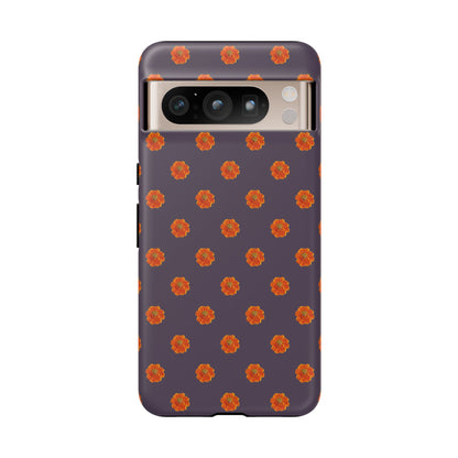 Coque Téléphone Samsung, iPhone & Google Pixel Renforcée Mate – Design Floral Epuré Fleurs de Cosmos Orange sur Fond Couleur Prune | Protection Antichoc | Idée Cadeau Femme
