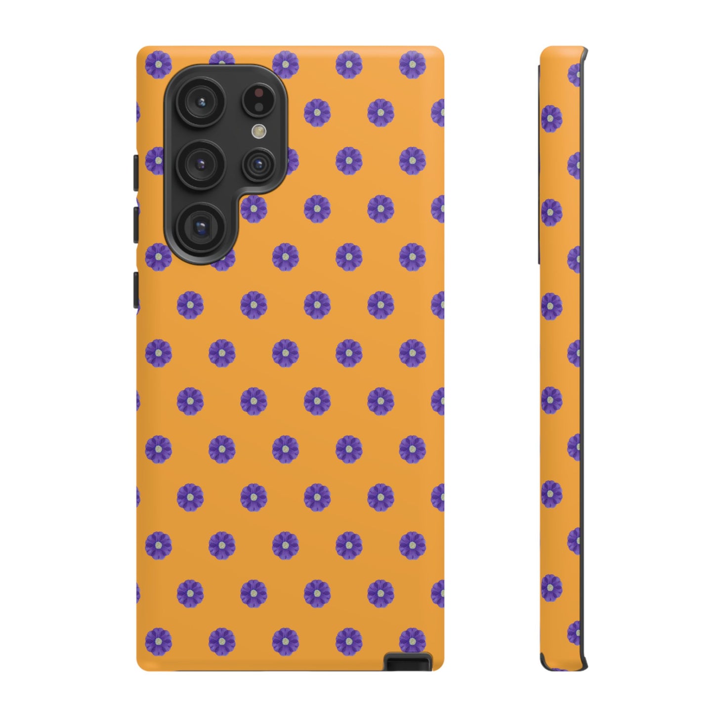 Coque Téléphone Samsung, iPhone & Google Pixel Renforcée Mate – Design Botanique Epuré Fleurs de Primevère sur Fond Ambre | Protection Antichoc | Idée Cadeau Femme