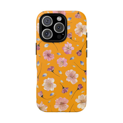 Coque Téléphone Samsung, iPhone & Google Pixel Renforcée Mate – Design Floral Fleurs de Cerisier sur Fond Couleur Curcuma| Protection Antichoc | Idée Cadeau Femme