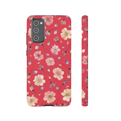 Coque Téléphone Samsung, iPhone & Google Pixel Renforcée Mate – Design Floral Fleurs de Cerisier sur Fond Rouge Féminin | Protection Antichoc | Idée Cadeau Femme