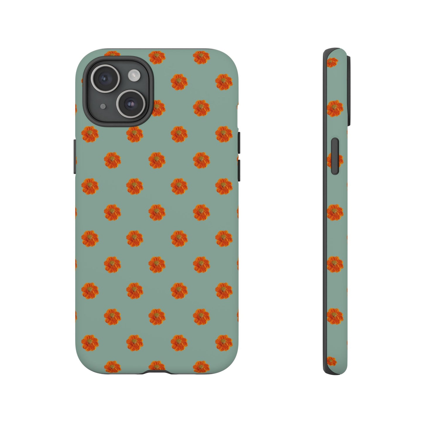 Coque Téléphone Samsung, iPhone & Google Pixel Renforcée Mate – Design Floral Epuré Fleurs de Cosmos Orange sur Fond Vert Eucalyptus | Protection Antichoc | Idée Cadeau Femme