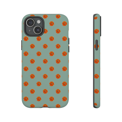 Coque Téléphone Samsung, iPhone & Google Pixel Renforcée Mate – Design Floral Epuré Fleurs de Cosmos Orange sur Fond Vert Eucalyptus | Protection Antichoc | Idée Cadeau Femme