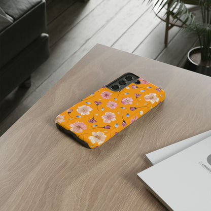 Coque Téléphone Samsung, iPhone & Google Pixel Renforcée Mate – Design Floral Fleurs de Cerisier sur Fond Couleur Curcuma| Protection Antichoc | Idée Cadeau Femme