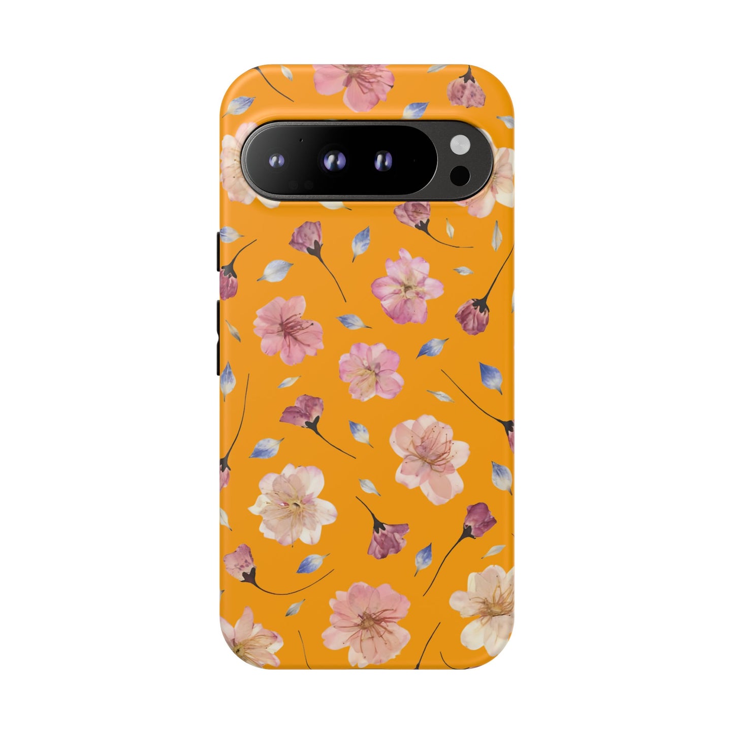 Coque Téléphone Samsung, iPhone & Google Pixel Renforcée Mate – Design Floral Fleurs de Cerisier sur Fond Couleur Curcuma| Protection Antichoc | Idée Cadeau Femme