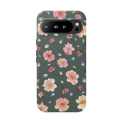 Coque Téléphone Samsung, iPhone & Google Pixel Renforcée Mate – Design Floral Fleurs de Cerisier sur Fond Verte Minéral | Protection Antichoc | Idée Cadeau Femme