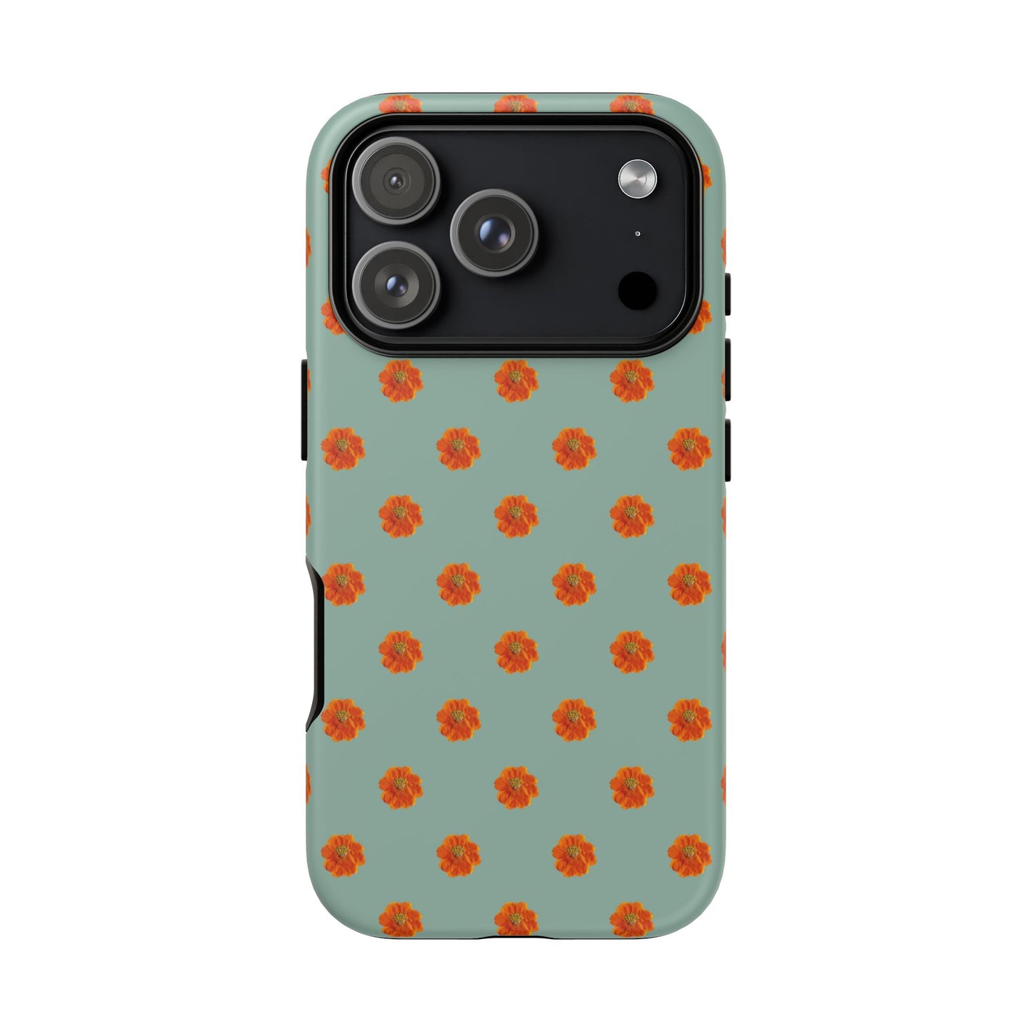 Coque Téléphone Samsung, iPhone & Google Pixel Renforcée Mate – Design Floral Epuré Fleurs de Cosmos Orange sur Fond Vert Eucalyptus | Protection Antichoc | Idée Cadeau Femme