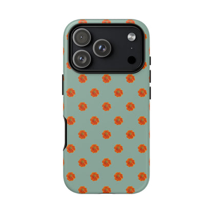 Coque Téléphone Samsung, iPhone & Google Pixel Renforcée Mate – Design Floral Epuré Fleurs de Cosmos Orange sur Fond Vert Eucalyptus | Protection Antichoc | Idée Cadeau Femme