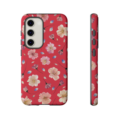 Coque Téléphone Samsung, iPhone & Google Pixel Renforcée Mate – Design Floral Fleurs de Cerisier sur Fond Rouge Féminin | Protection Antichoc | Idée Cadeau Femme
