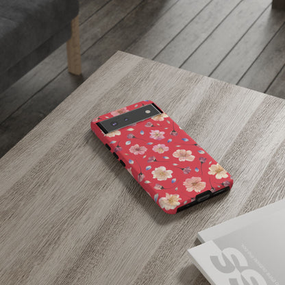Coque Téléphone Samsung, iPhone & Google Pixel Renforcée Mate – Design Floral Fleurs de Cerisier sur Fond Rouge Féminin | Protection Antichoc | Idée Cadeau Femme