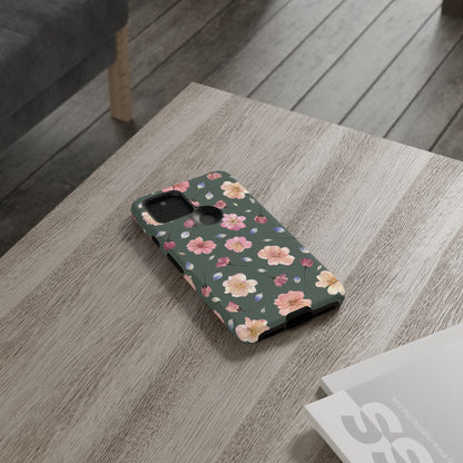 Coque Téléphone Samsung, iPhone & Google Pixel Renforcée Mate – Design Floral Fleurs de Cerisier sur Fond Verte Minéral | Protection Antichoc | Idée Cadeau Femme