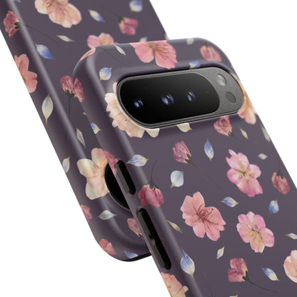 Coque Téléphone Samsung, iPhone & Google Pixel Renforcée Mate – Design Floral Fleurs de Cerisier sur Fond Couleur Prune | Protection Antichoc | Idée Cadeau Femme