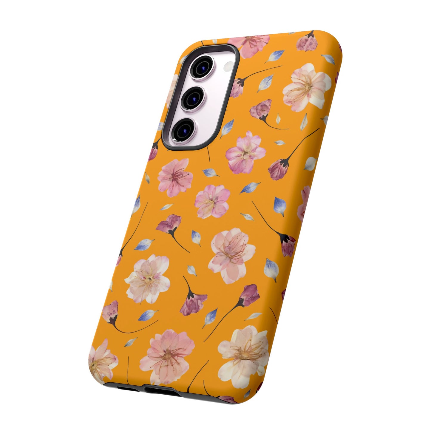 Coque Téléphone Samsung, iPhone & Google Pixel Renforcée Mate – Design Floral Fleurs de Cerisier sur Fond Couleur Curcuma| Protection Antichoc | Idée Cadeau Femme