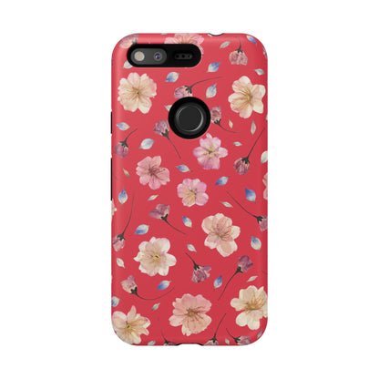 Coque Téléphone Samsung, iPhone & Google Pixel Renforcée Mate – Design Floral Fleurs de Cerisier sur Fond Rouge Féminin | Protection Antichoc | Idée Cadeau Femme