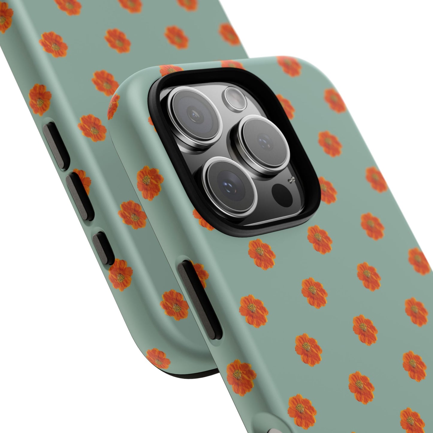 Coque Téléphone Samsung, iPhone & Google Pixel Renforcée Mate – Design Floral Epuré Fleurs de Cosmos Orange sur Fond Vert Eucalyptus | Protection Antichoc | Idée Cadeau Femme