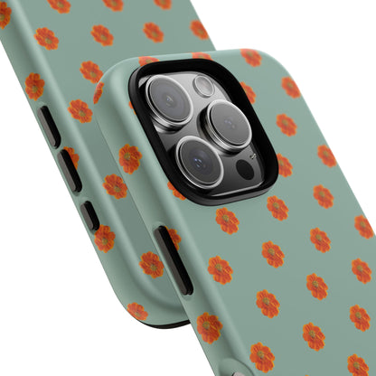 Coque Téléphone Samsung, iPhone & Google Pixel Renforcée Mate – Design Floral Epuré Fleurs de Cosmos Orange sur Fond Vert Eucalyptus | Protection Antichoc | Idée Cadeau Femme