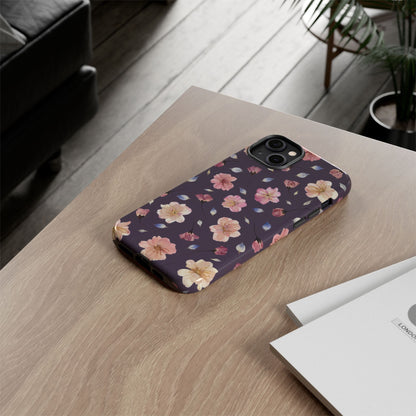 Coque Téléphone Samsung, iPhone & Google Pixel Renforcée Mate – Design Floral Fleurs de Cerisier sur Fond Couleur Prune | Protection Antichoc | Idée Cadeau Femme