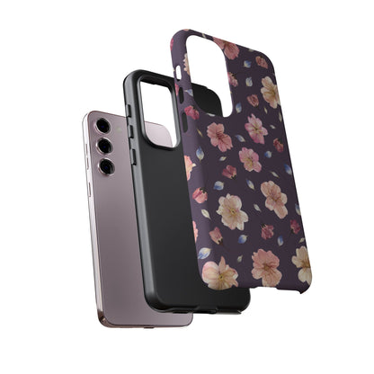 Coque Téléphone Samsung, iPhone & Google Pixel Renforcée Mate – Design Floral Fleurs de Cerisier sur Fond Couleur Prune | Protection Antichoc | Idée Cadeau Femme