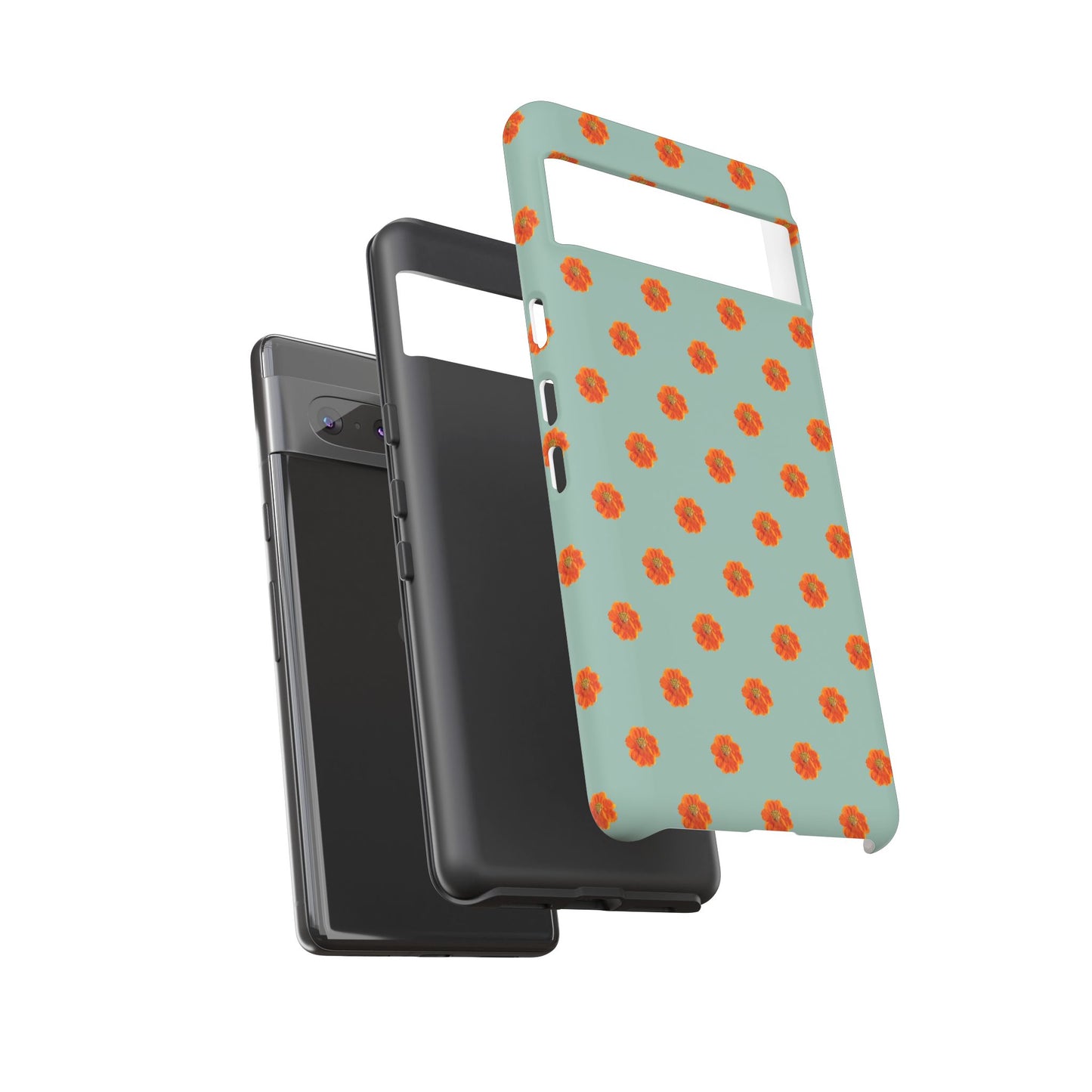 Coque Téléphone Samsung, iPhone & Google Pixel Renforcée Mate – Design Floral Epuré Fleurs de Cosmos Orange sur Fond Vert Eucalyptus | Protection Antichoc | Idée Cadeau Femme