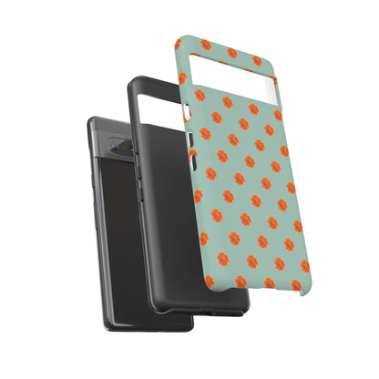 Coque Téléphone Samsung, iPhone & Google Pixel Renforcée Mate – Design Floral Epuré Fleurs de Cosmos Orange sur Fond Vert Eucalyptus | Protection Antichoc | Idée Cadeau Femme
