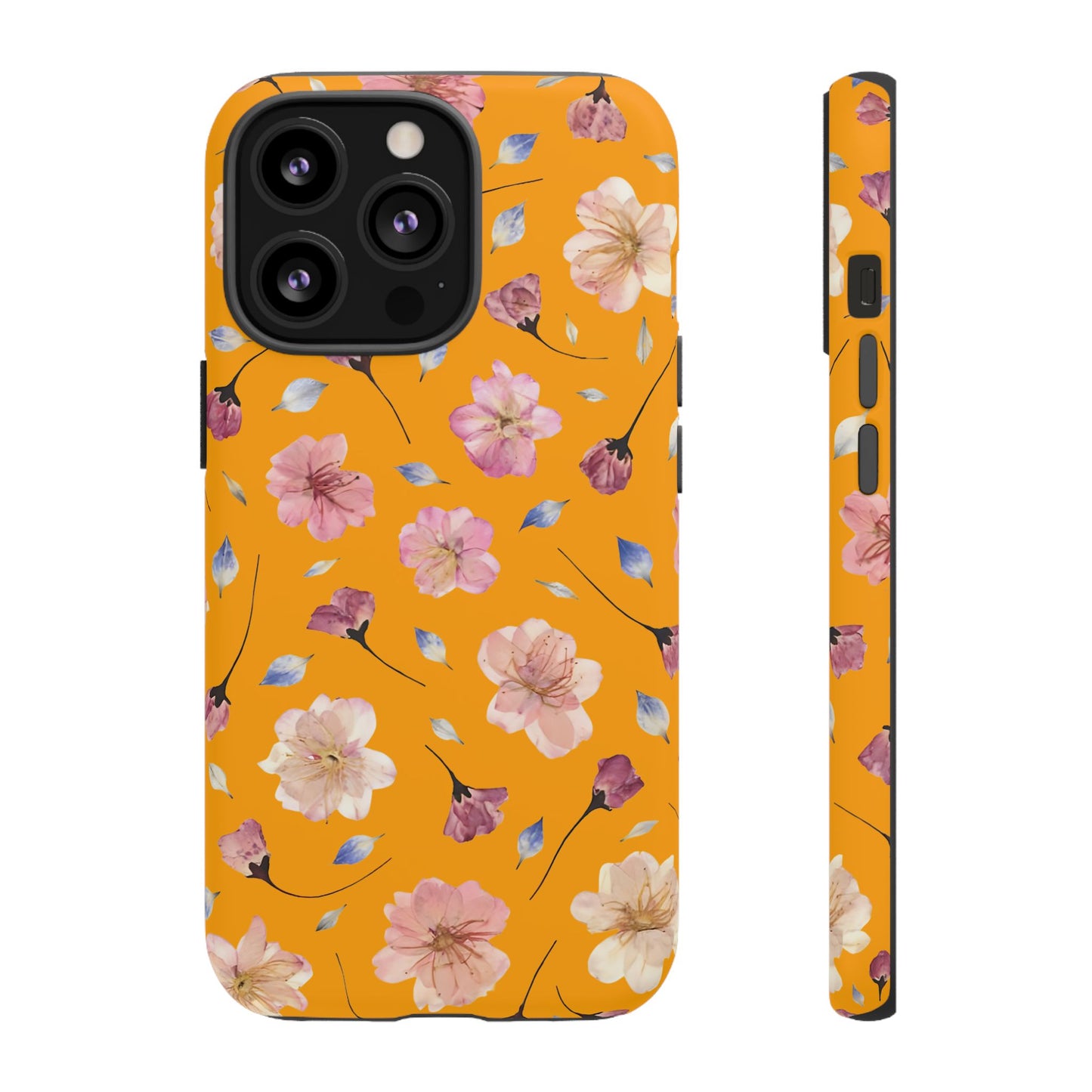 Coque Téléphone Samsung, iPhone & Google Pixel Renforcée Mate – Design Floral Fleurs de Cerisier sur Fond Couleur Curcuma| Protection Antichoc | Idée Cadeau Femme