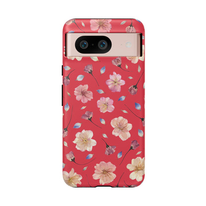 Coque Téléphone Samsung, iPhone & Google Pixel Renforcée Mate – Design Floral Fleurs de Cerisier sur Fond Rouge Féminin | Protection Antichoc | Idée Cadeau Femme