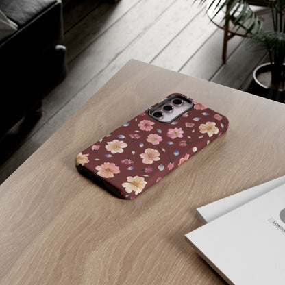 Coque Téléphone Samsung, iPhone & Google Pixel Renforcée Mate – Design Floral Fleurs de Cerisier sur Fond Bordeaux | Protection Antichoc | Idée Cadeau Pour Elle
