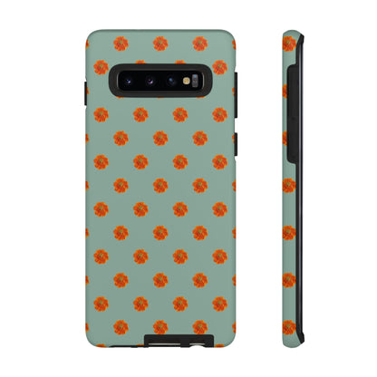 Coque Téléphone Samsung, iPhone & Google Pixel Renforcée Mate – Design Floral Epuré Fleurs de Cosmos Orange sur Fond Vert Eucalyptus | Protection Antichoc | Idée Cadeau Femme