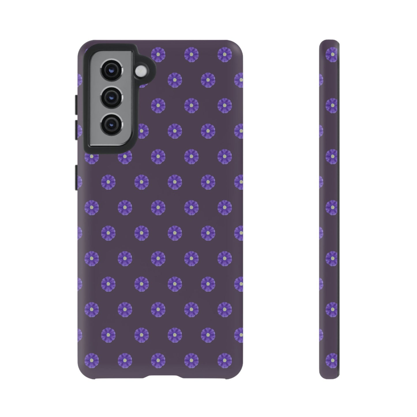 Coque Téléphone Samsung, iPhone & Google Pixel Renforcée Mate – Design Floral Epuré Fleurs de Primevère sur Fond Couleur Prune| Protection Antichoc | Idée Cadeau Femme