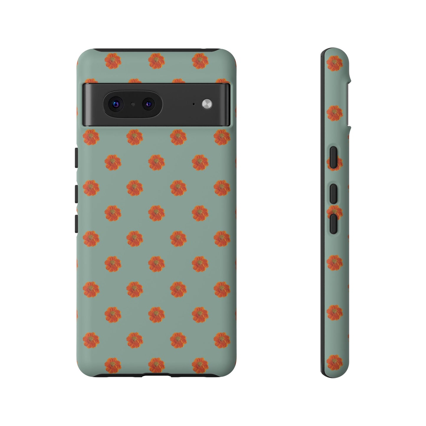 Coque Téléphone Samsung, iPhone & Google Pixel Renforcée Mate – Design Floral Epuré Fleurs de Cosmos Orange sur Fond Vert Eucalyptus | Protection Antichoc | Idée Cadeau Femme