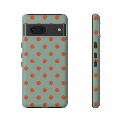 Coque Téléphone Samsung, iPhone & Google Pixel Renforcée Mate – Design Floral Epuré Fleurs de Cosmos Orange sur Fond Vert Eucalyptus | Protection Antichoc | Idée Cadeau Femme