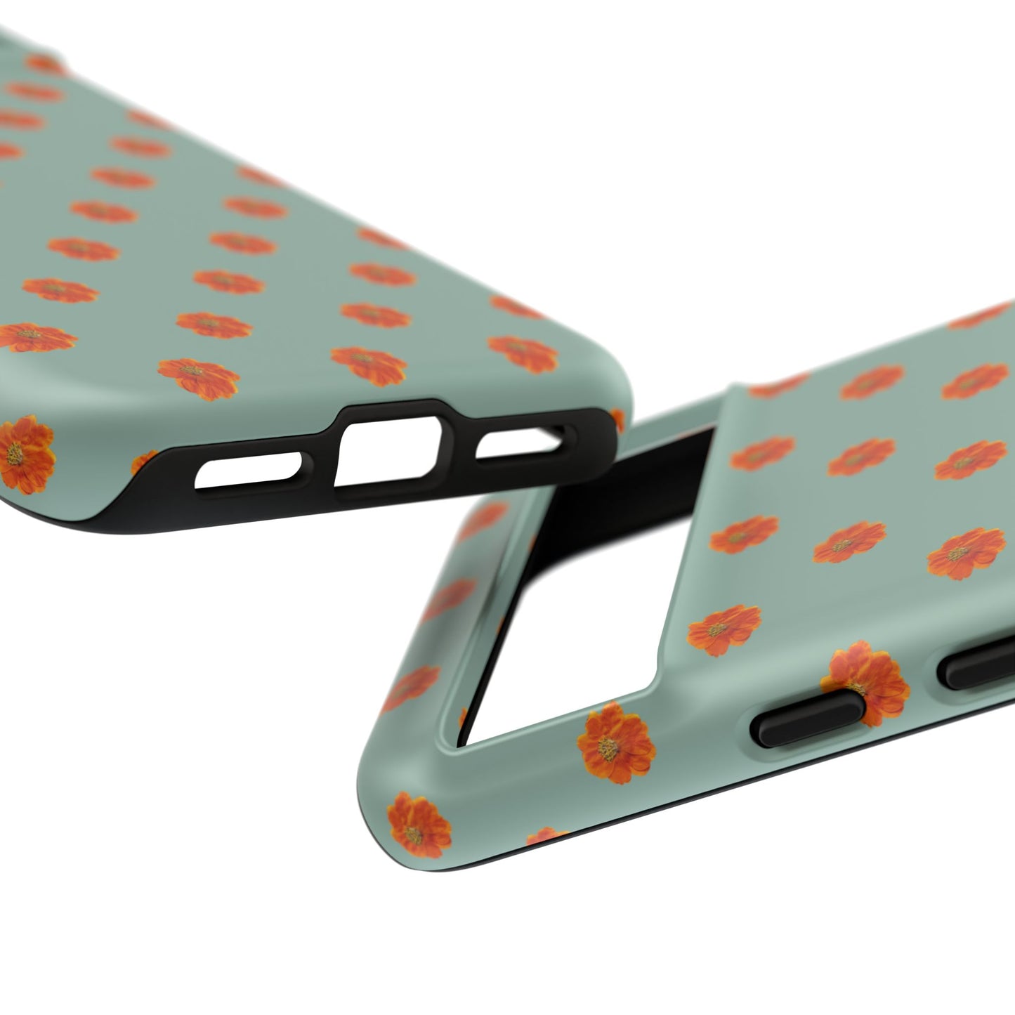 Coque Téléphone Samsung, iPhone & Google Pixel Renforcée Mate – Design Floral Epuré Fleurs de Cosmos Orange sur Fond Vert Eucalyptus | Protection Antichoc | Idée Cadeau Femme