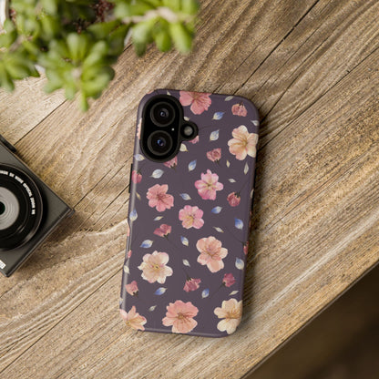 Coque Téléphone Samsung, iPhone & Google Pixel Renforcée Mate – Design Floral Fleurs de Cerisier sur Fond Couleur Prune | Protection Antichoc | Idée Cadeau Femme