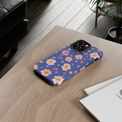 Coque Téléphone Samsung, iPhone & Google Pixel Renforcée Mate – Design Floral Fleurs de Cerisier sur Fond Bleu Encre | Protection Antichoc | Idée Cadeau Pour Elle