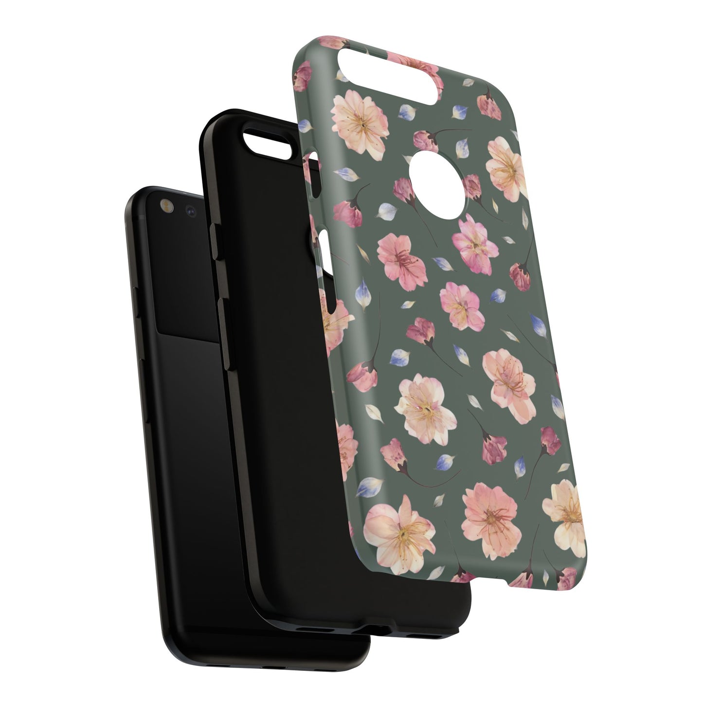 Coque Téléphone Samsung, iPhone & Google Pixel Renforcée Mate – Design Floral Fleurs de Cerisier sur Fond Verte Minéral | Protection Antichoc | Idée Cadeau Femme