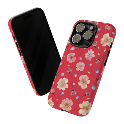Coque Téléphone Samsung, iPhone & Google Pixel Renforcée Mate – Design Floral Fleurs de Cerisier sur Fond Rouge Féminin | Protection Antichoc | Idée Cadeau Femme