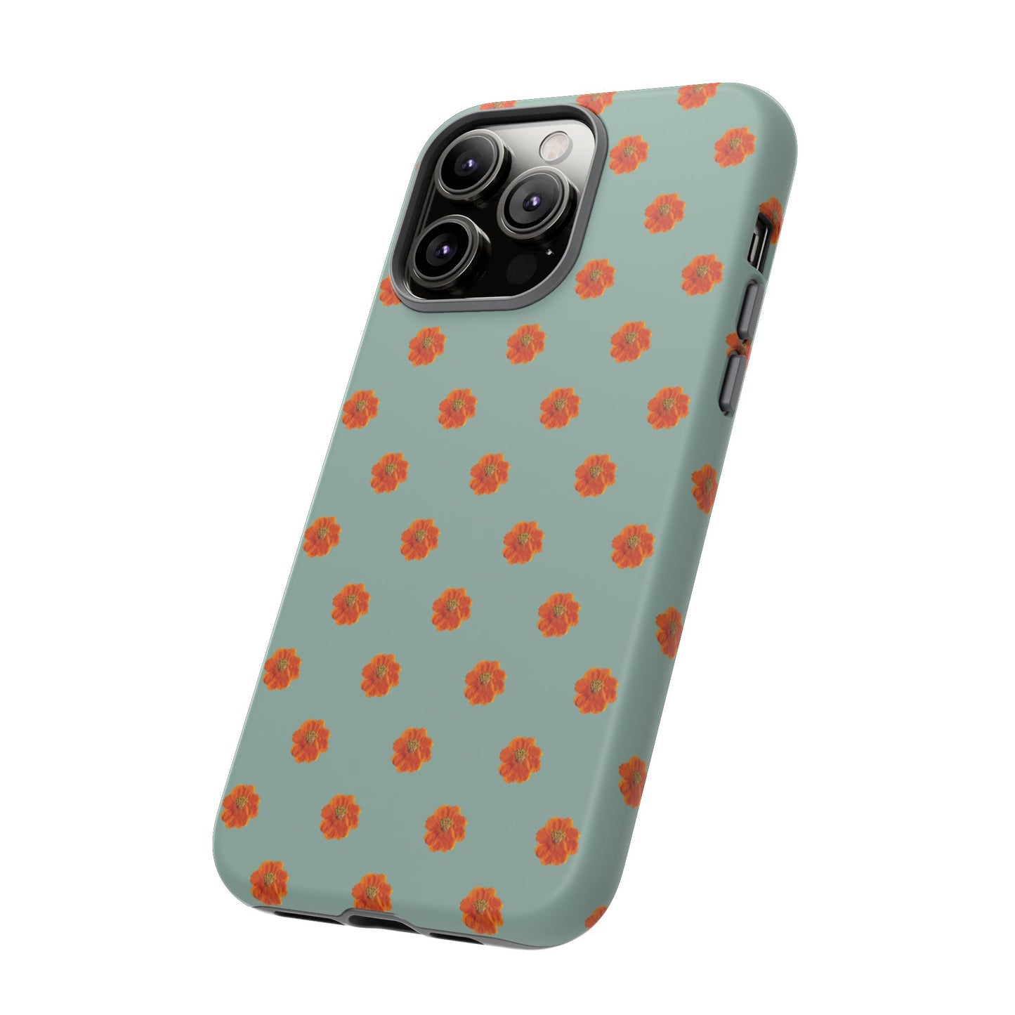 Coque Téléphone Samsung, iPhone & Google Pixel Renforcée Mate – Design Floral Epuré Fleurs de Cosmos Orange sur Fond Vert Eucalyptus | Protection Antichoc | Idée Cadeau Femme